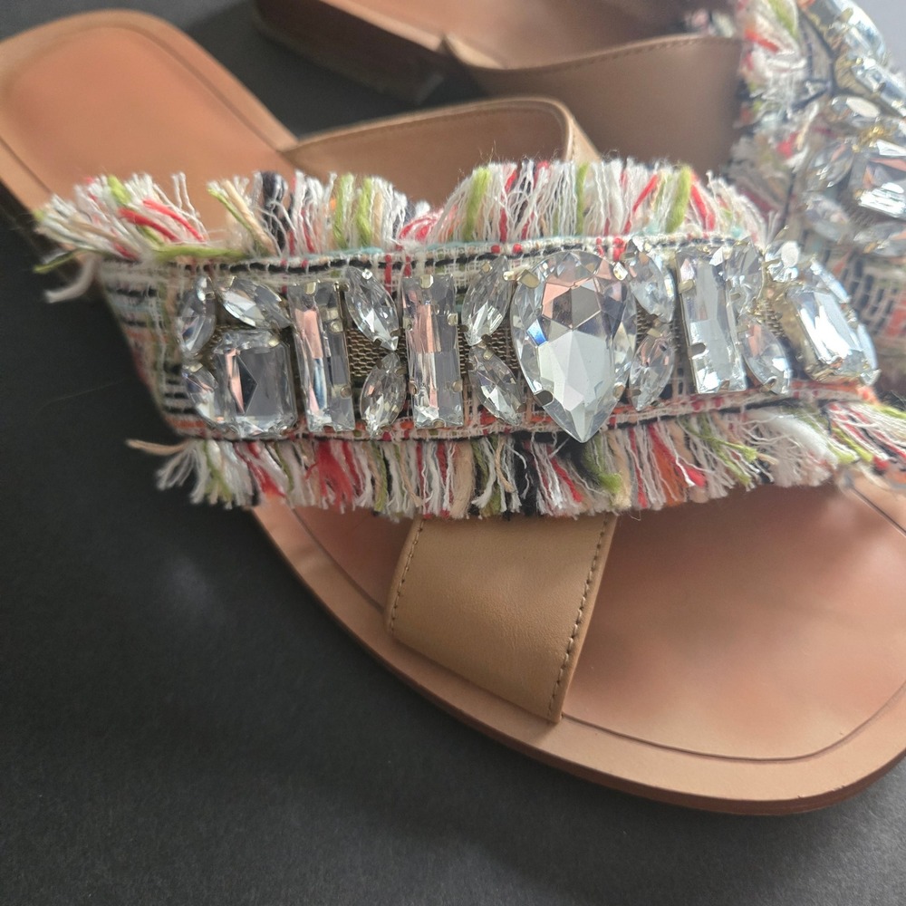 Crown Vintage Somaya Slide Sandals Women 7.5 M Jeweled Fringe Boho Tan Flat